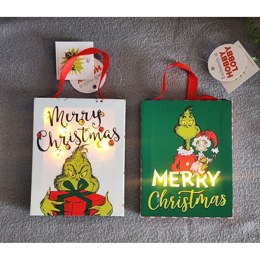 The Grinch Cindy Lou Who Light Up Canvas Christmas Tree Ornaments Dr Seuss 2 Pc